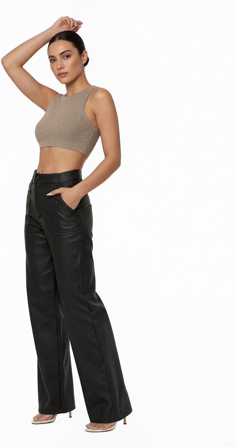 image:imageTHE LOVE BRAND Womens Faux Leather Pants High Waisted Coated PU Straight Leg Black Leather Pants for Women TrendyBlack