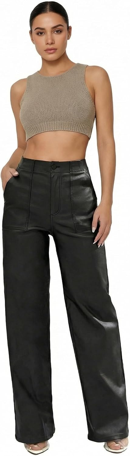 image:imageTHE LOVE BRAND Womens Faux Leather Pants High Waisted Coated PU Straight Leg Black Leather Pants for Women TrendyBlack