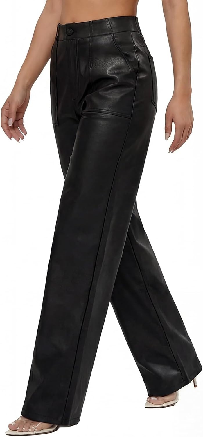 image:imageTHE LOVE BRAND Womens Faux Leather Pants High Waisted Coated PU Straight Leg Black Leather Pants for Women TrendyBlack