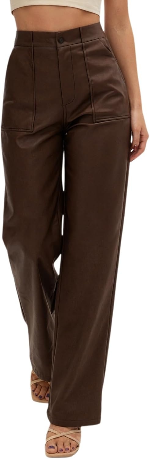 image:imageTHE LOVE BRAND Womens Faux Leather Pants High Waisted Coated PU Straight Leg Black Leather Pants for Women TrendyChocolate