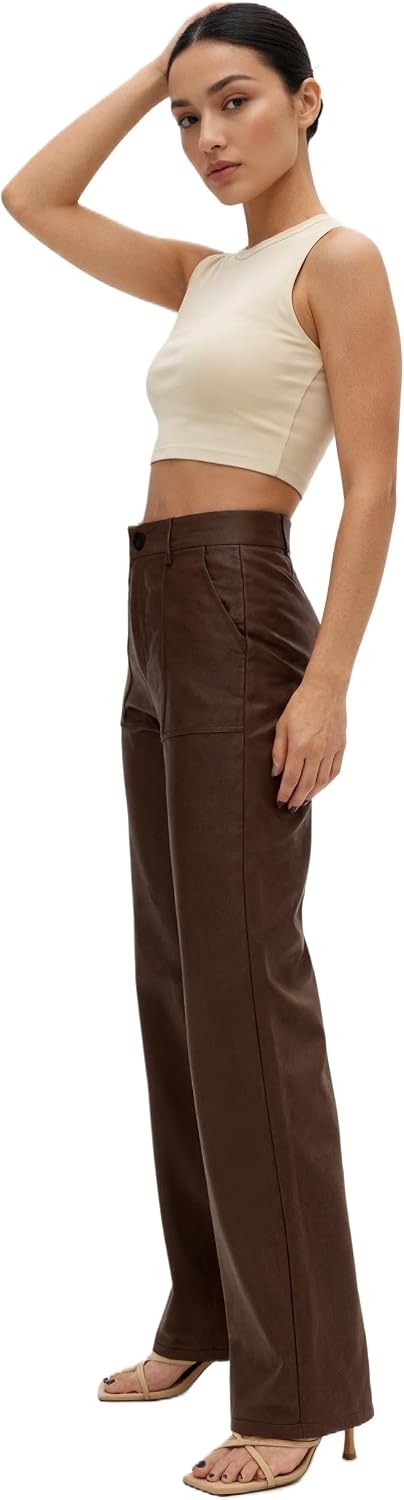 image:imageTHE LOVE BRAND Womens Faux Leather Pants High Waisted Coated PU Straight Leg Black Leather Pants for Women TrendyChocolate