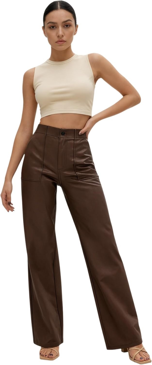 image:imageTHE LOVE BRAND Womens Faux Leather Pants High Waisted Coated PU Straight Leg Black Leather Pants for Women TrendyChocolate
