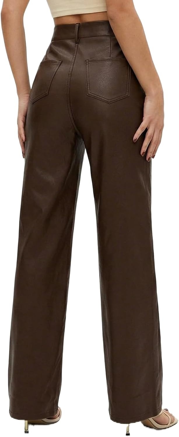 image:imageTHE LOVE BRAND Womens Faux Leather Pants High Waisted Coated PU Straight Leg Black Leather Pants for Women TrendyChocolate