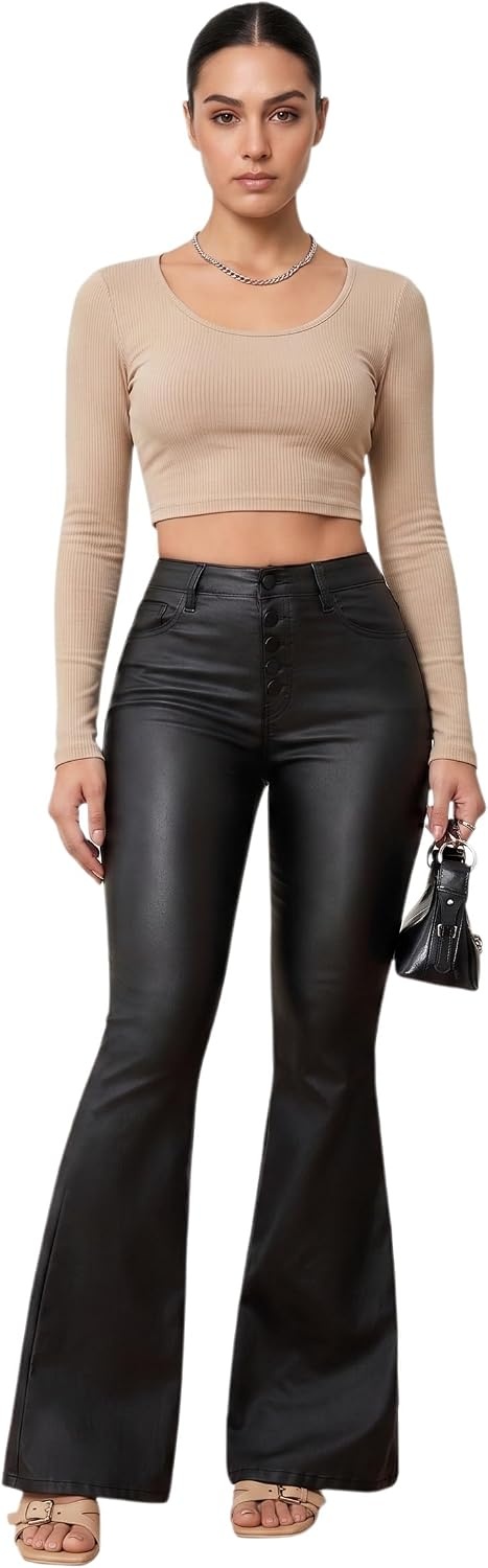 image:imageTHE LOVE BRAND Womens Faux Leather Pants PU Mid Waist Skinny Pant Black Leather Leggings Bell Bottom Flare PantsBlack