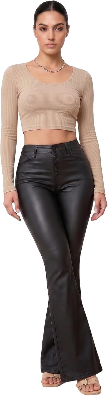image:imageTHE LOVE BRAND Womens Faux Leather Pants PU Mid Waist Skinny Pant Black Leather Leggings Bell Bottom Flare PantsBlack