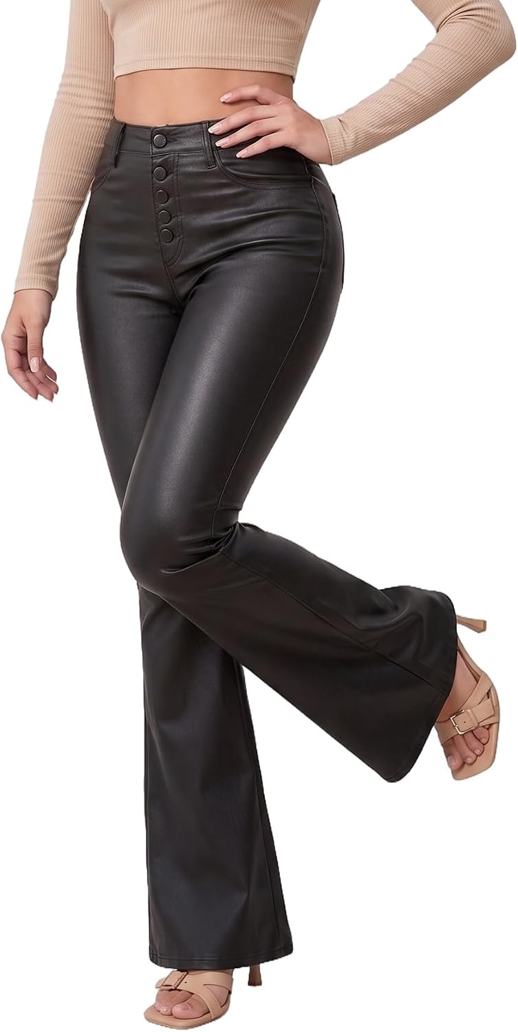 image:imageTHE LOVE BRAND Womens Faux Leather Pants PU Mid Waist Skinny Pant Black Leather Leggings Bell Bottom Flare PantsBlack