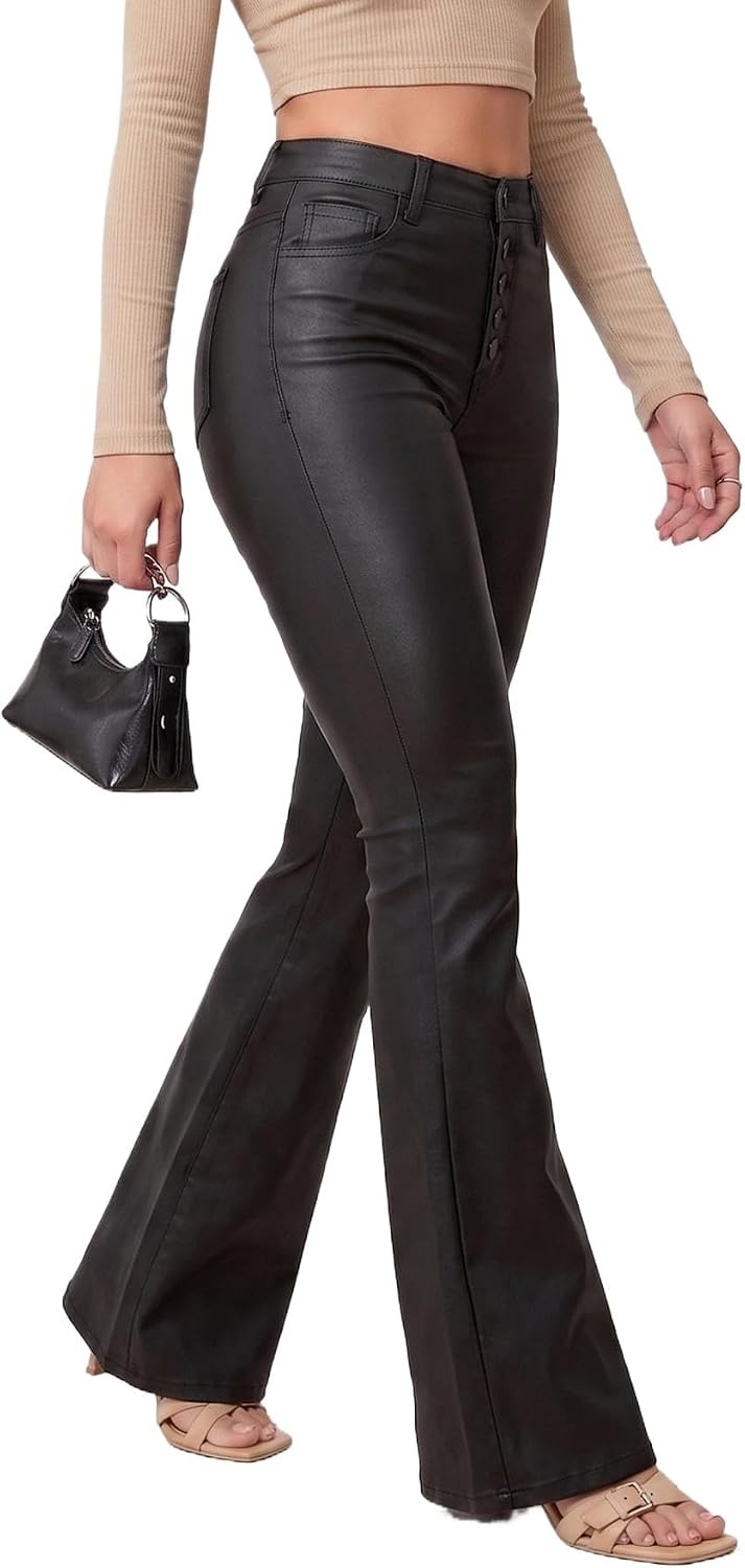 image:imageTHE LOVE BRAND Womens Faux Leather Pants PU Mid Waist Skinny Pant Black Leather Leggings Bell Bottom Flare PantsBlack