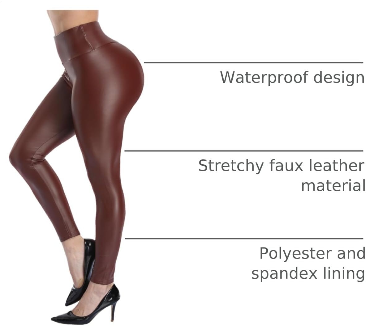 image:imageVOGUEMAX Womens Faux Leather Leggings High Waisted Pleather PantsFleece Linedbrown