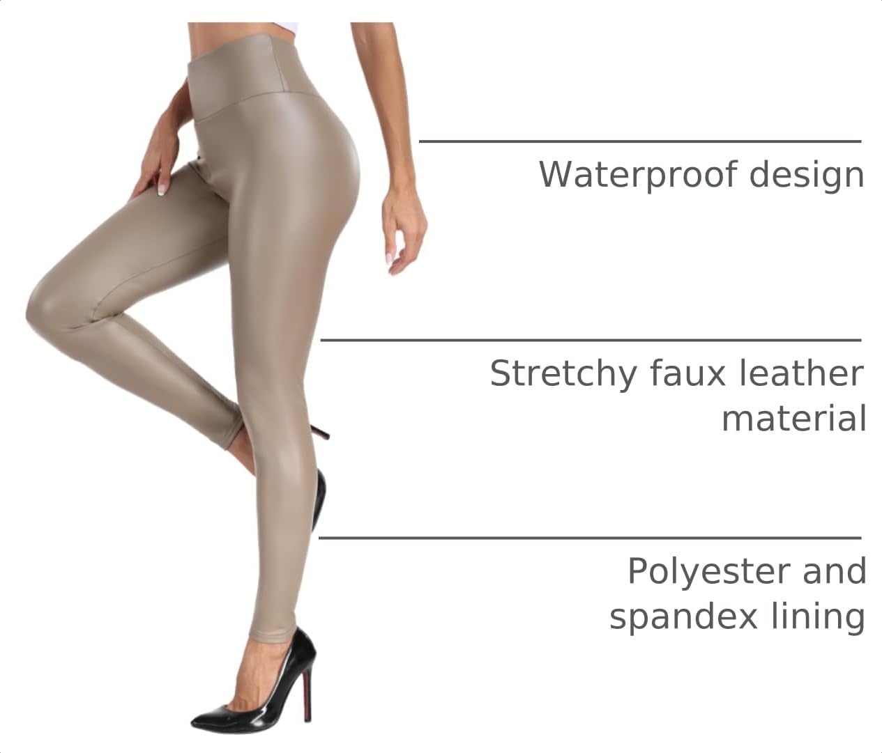 image:imageVOGUEMAX Womens Faux Leather Leggings High Waisted Pleather PantsFleece Linedgrey Brown