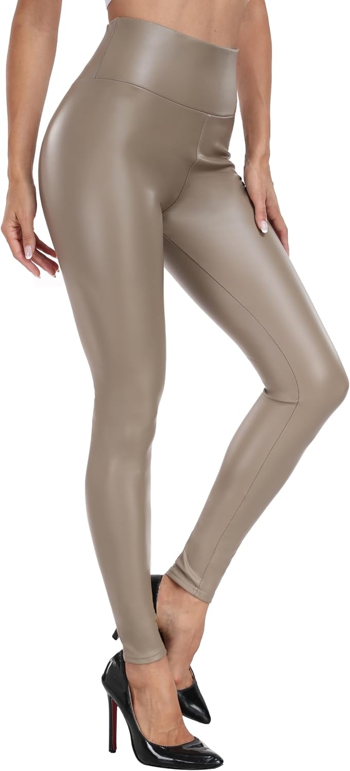 image:imageVOGUEMAX Womens Faux Leather Leggings High Waisted Pleather PantsFleece Linedgrey Brown