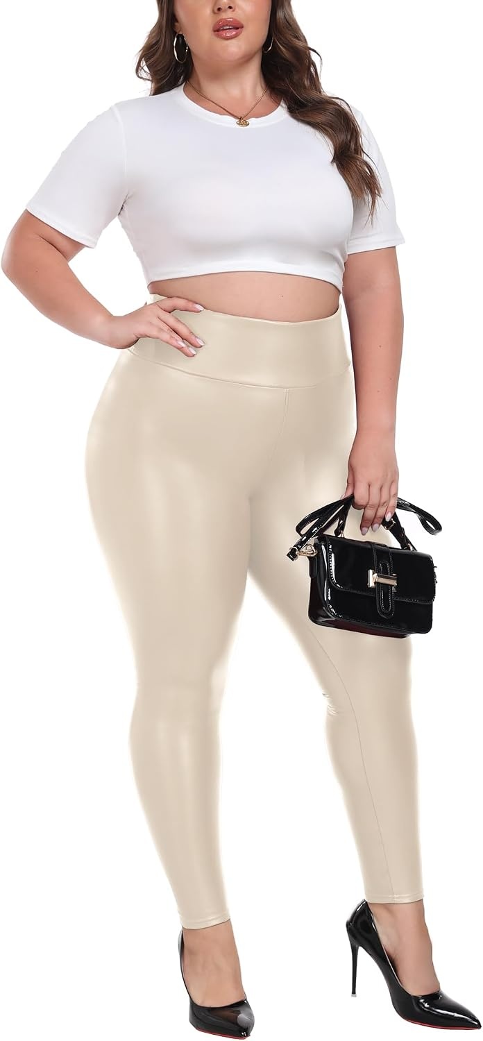image:imageVOGUEMAX Womens Plus Size Faux Leather Leggings Pleather Stretchy PantsBeige