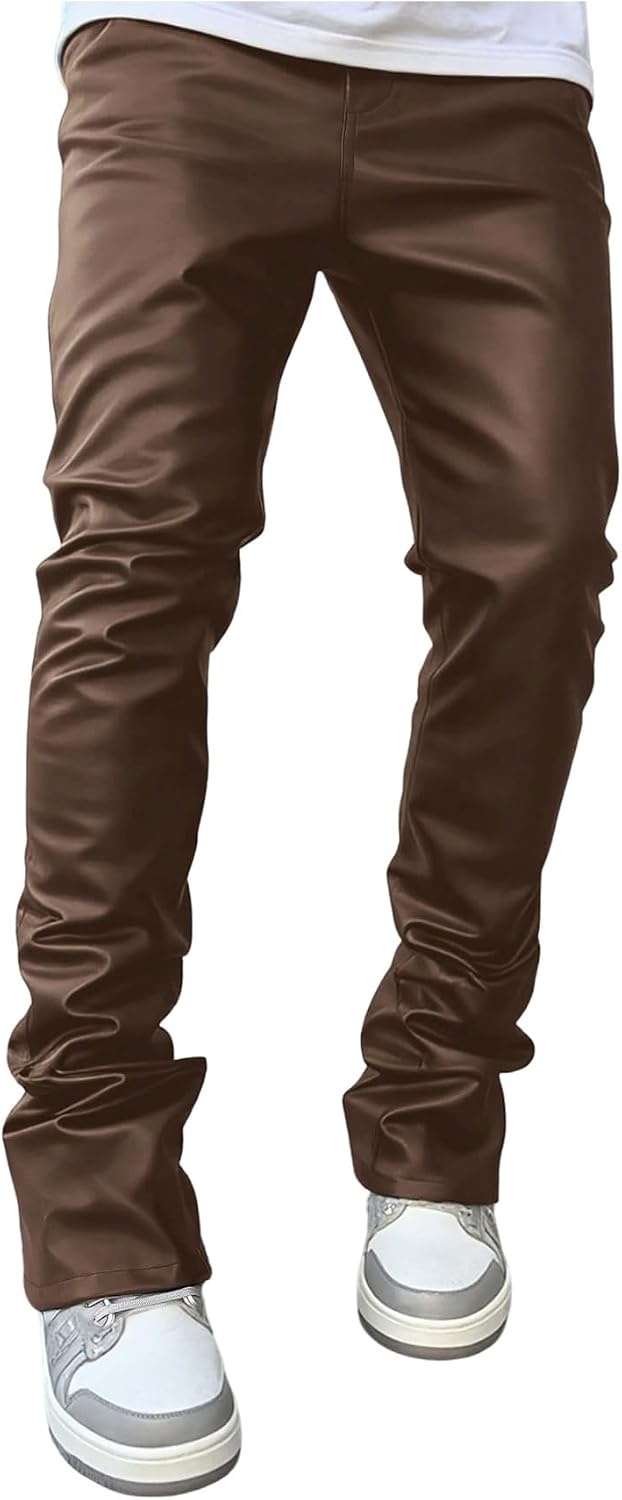 image:imageWDIRARA Mens Drawstring Waist Flare Pants Hip Hop Faux Leather Pants StreetwearCoffee Brown