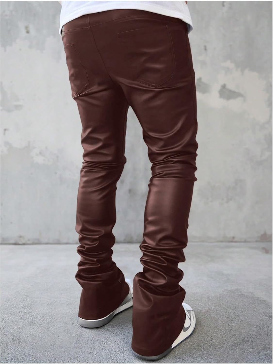image:imageWDIRARA Mens Drawstring Waist Flare Pants Hip Hop Faux Leather Pants StreetwearCoffee Brown