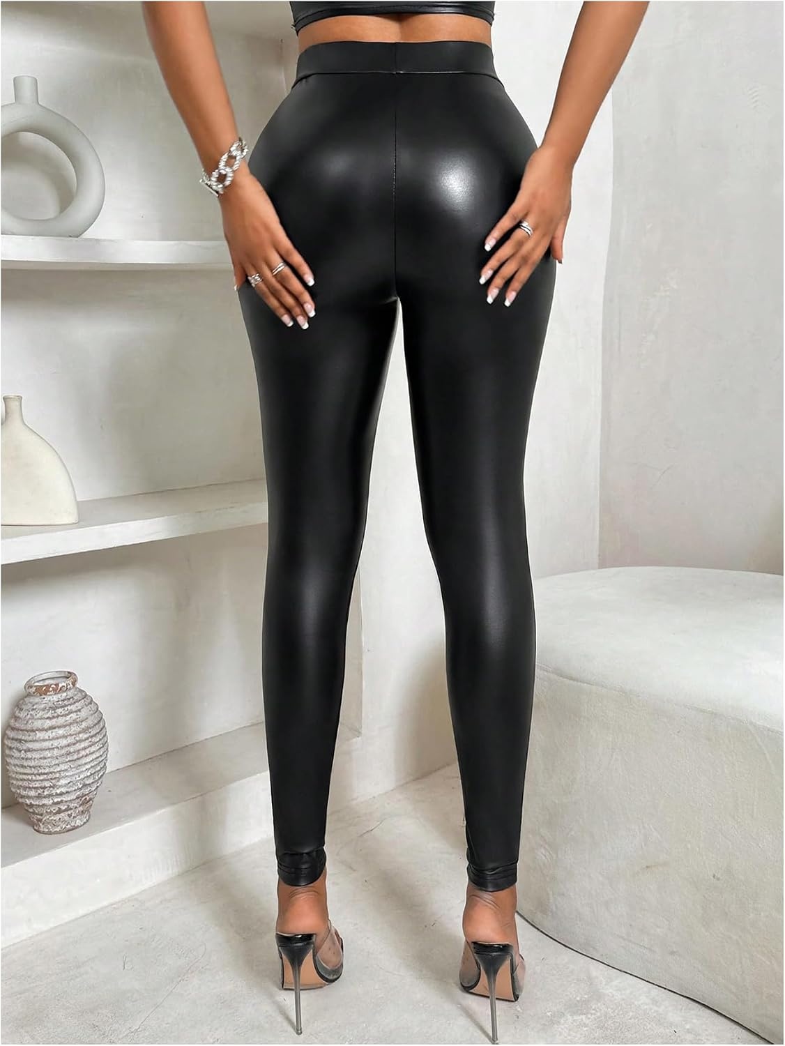 image:imageWDIRARA Womens Faux Leather Lace Leggings High Waisted Stretchy Skinny Pants Night Out ClubwearBlack