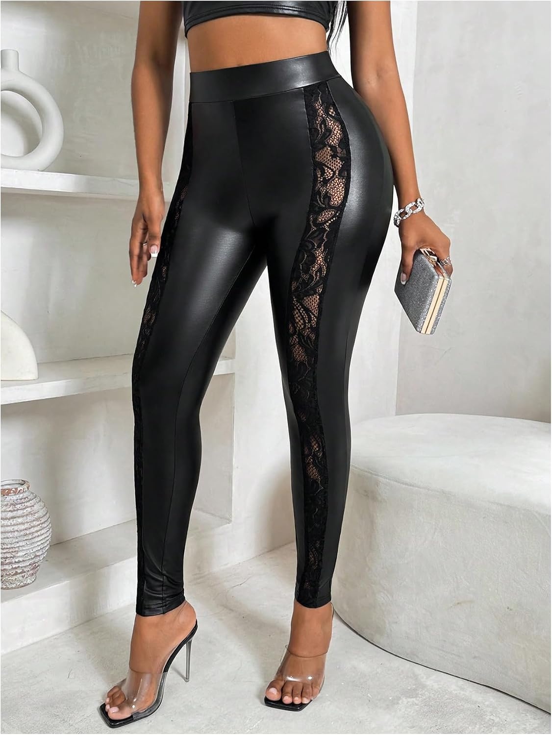 image:imageWDIRARA Womens Faux Leather Lace Leggings High Waisted Stretchy Skinny Pants Night Out ClubwearBlack