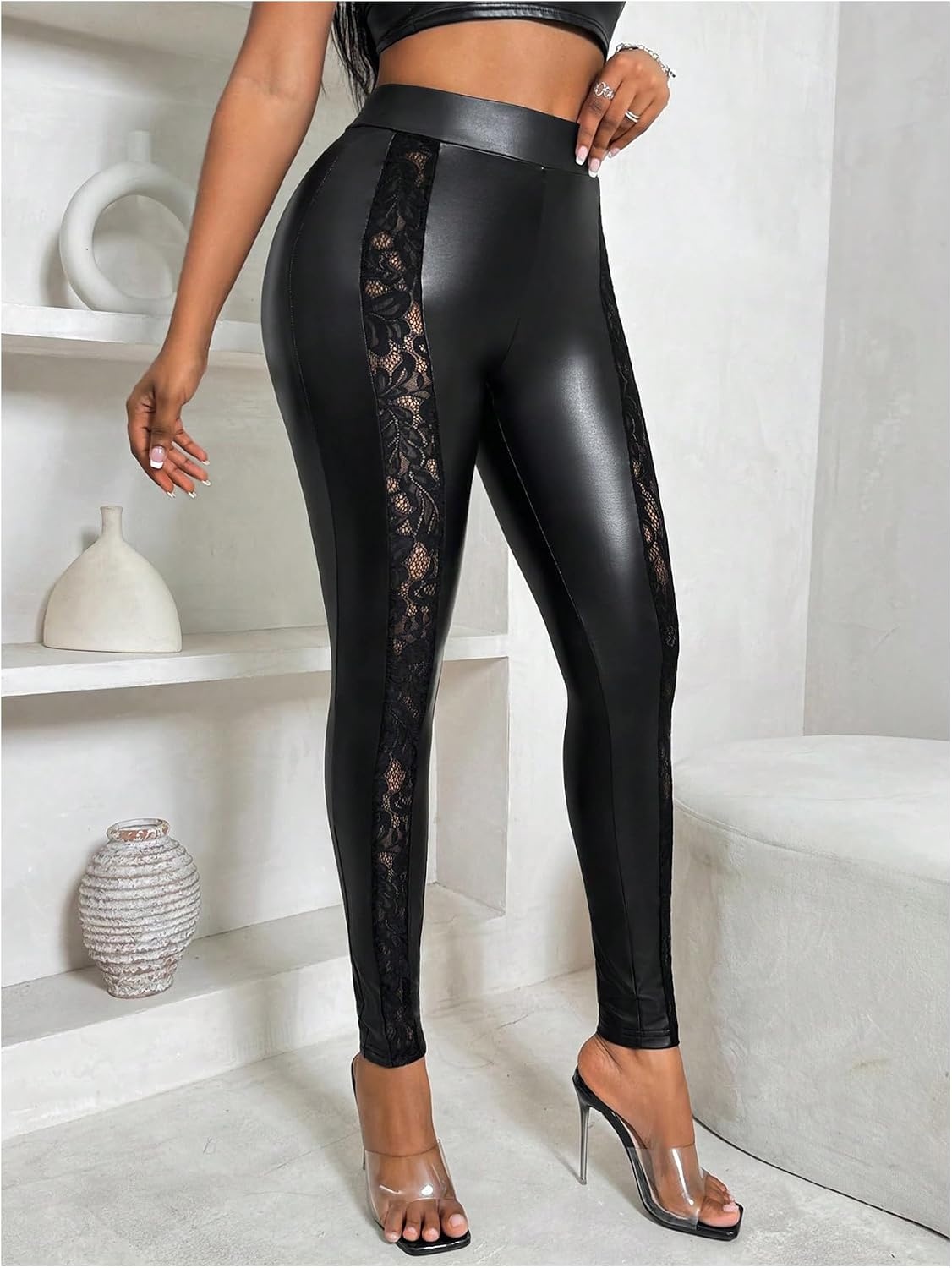 image:imageWDIRARA Womens Faux Leather Lace Leggings High Waisted Stretchy Skinny Pants Night Out ClubwearBlack
