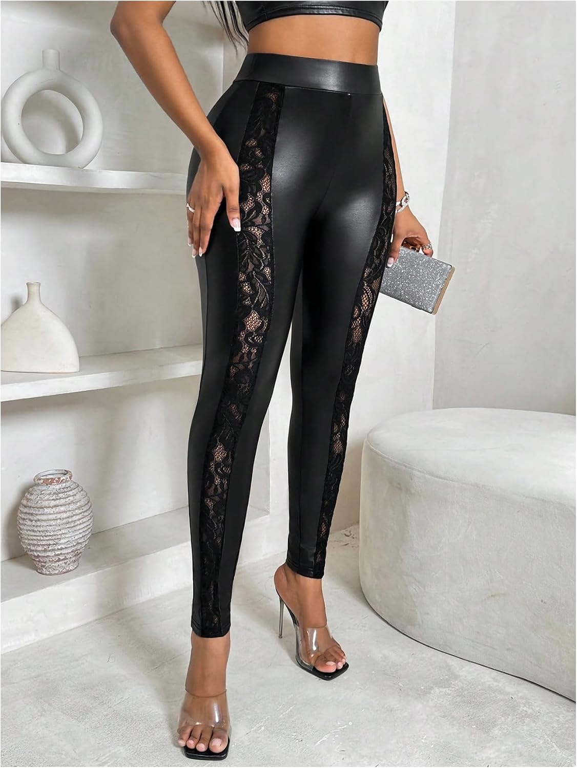 image:imageWDIRARA Womens Faux Leather Lace Leggings High Waisted Stretchy Skinny Pants Night Out ClubwearBlack