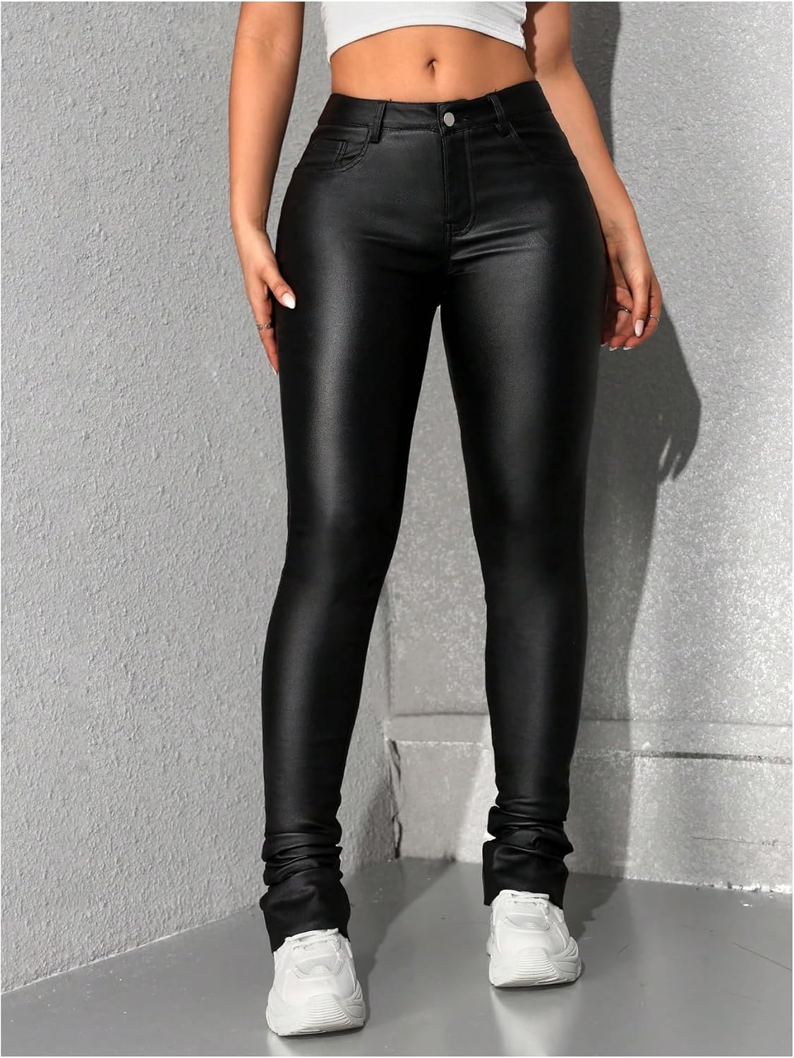 image:imageWDIRARA Womens Faux Leather Leggings Mid Rise Stretchy Skinny Pants with PocketsBlack