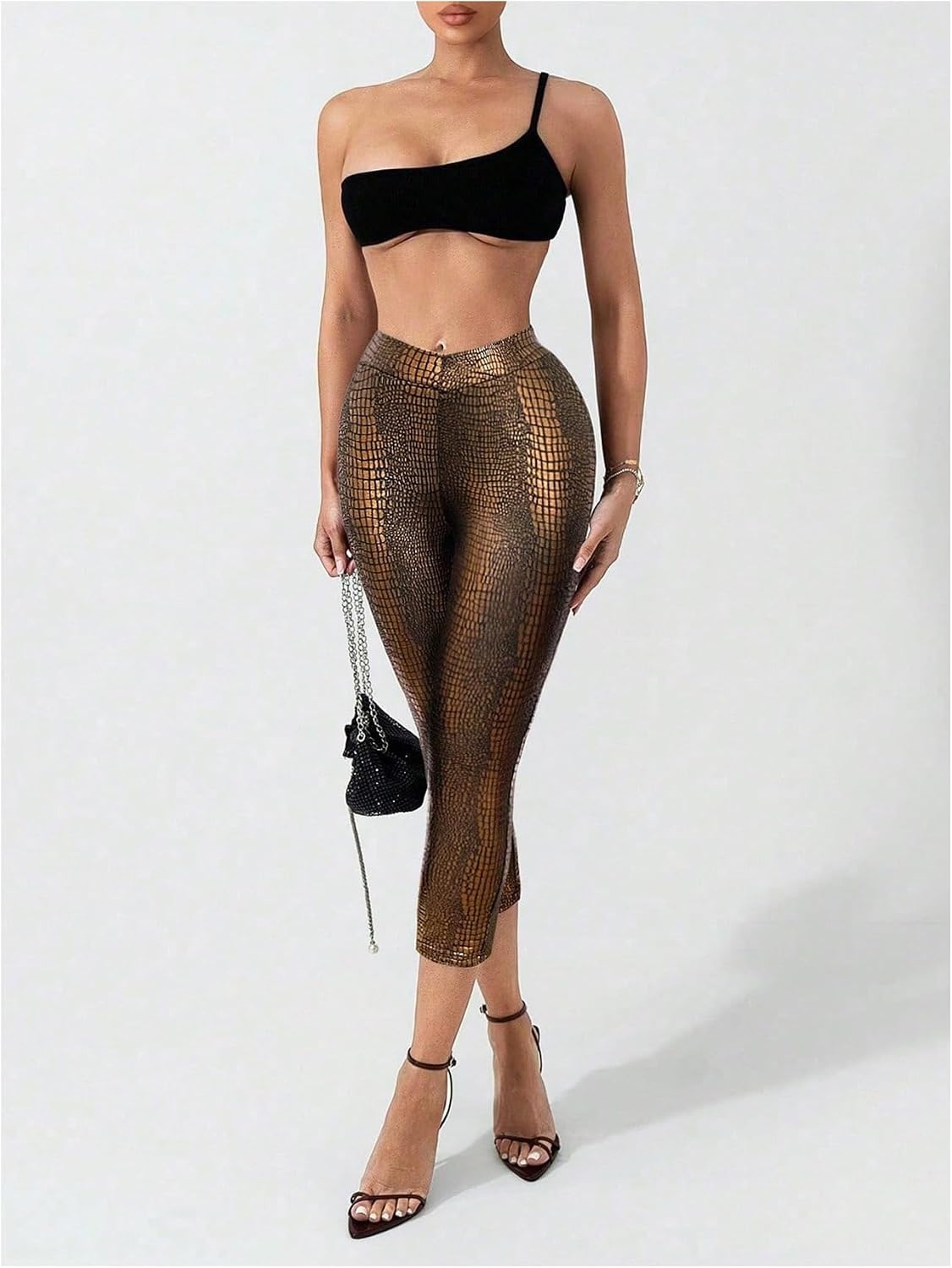 image:imageWDIRARA Womens Faux Leather Leggings Skinny Capri PantsBrown
