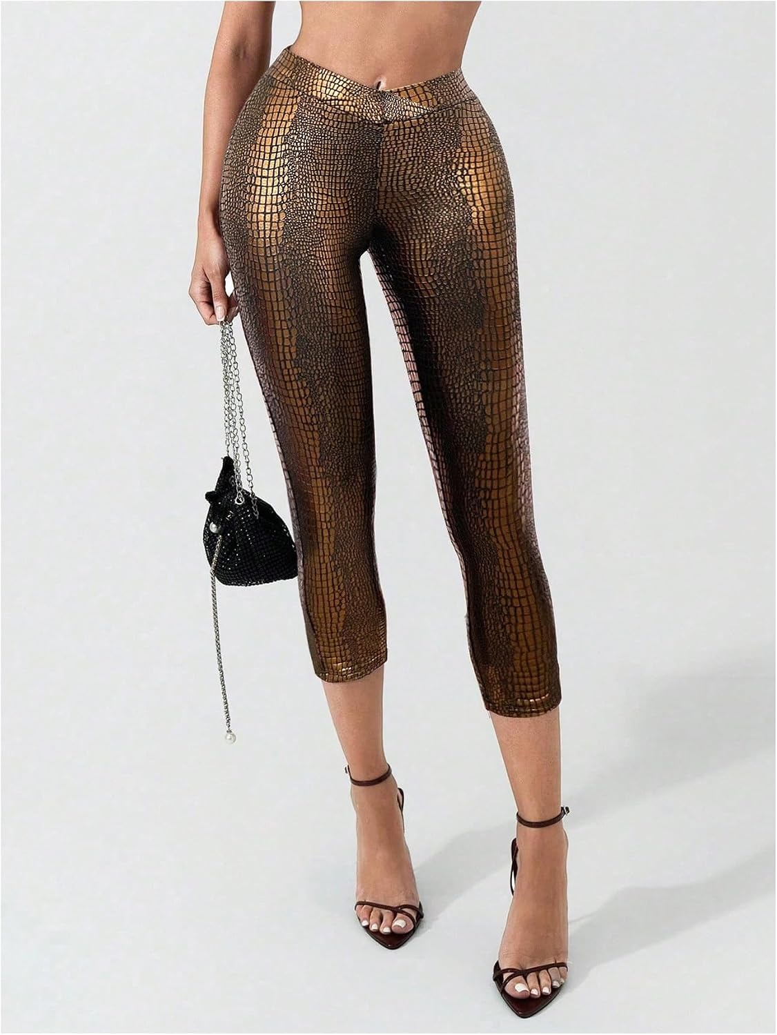 image:imageWDIRARA Womens Faux Leather Leggings Skinny Capri PantsBrown
