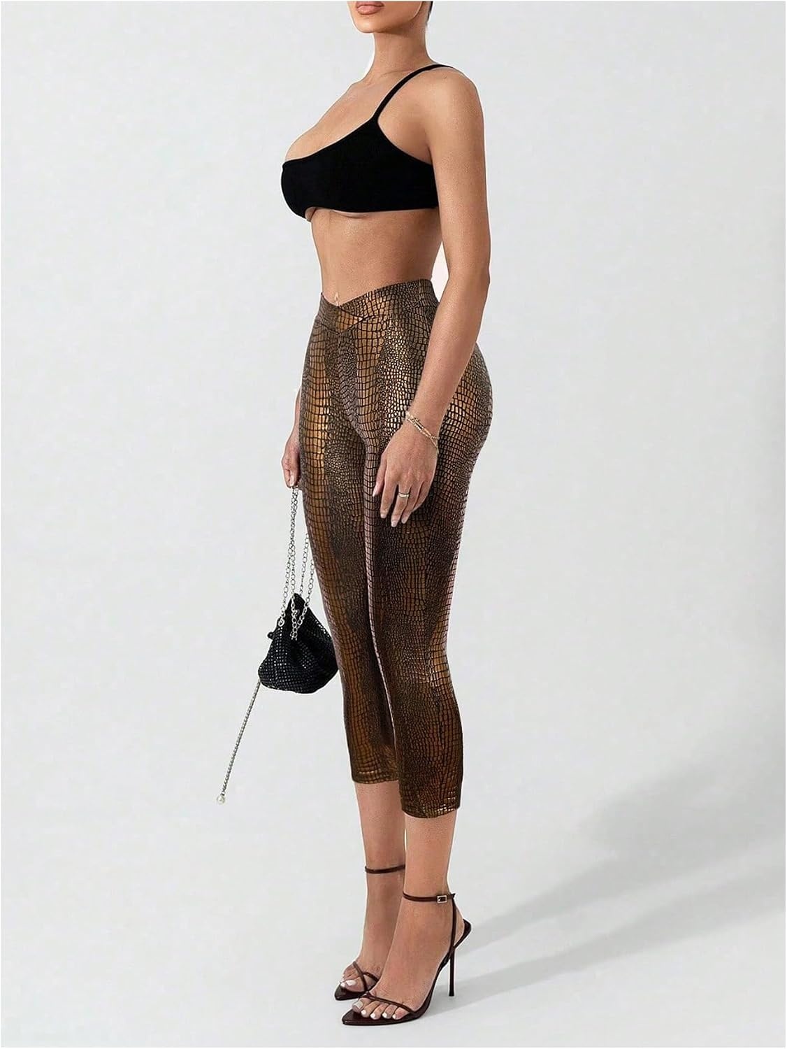 image:imageWDIRARA Womens Faux Leather Leggings Skinny Capri PantsBrown