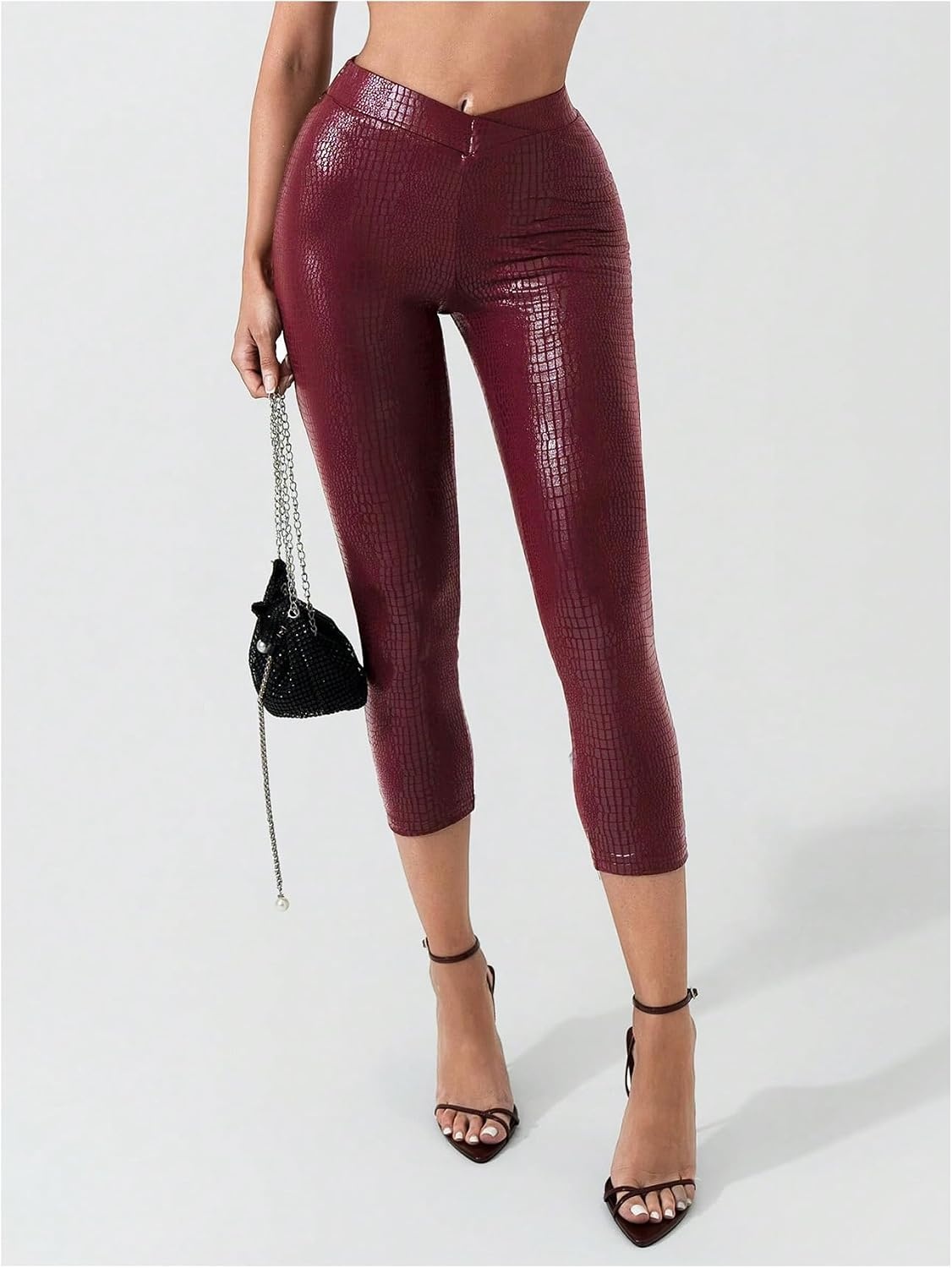 image:imageWDIRARA Womens Faux Leather Leggings Skinny Capri PantsRed