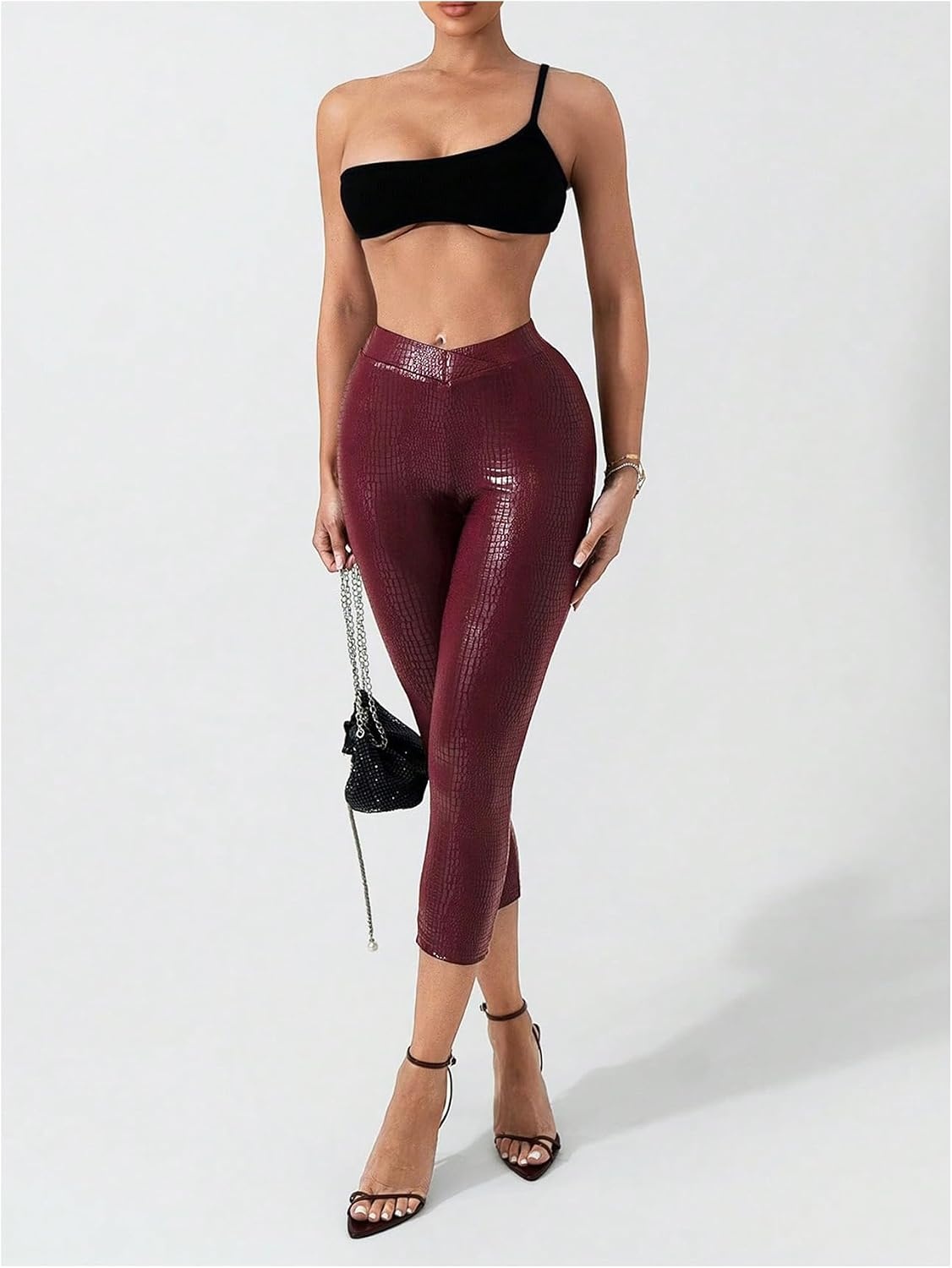 image:imageWDIRARA Womens Faux Leather Leggings Skinny Capri PantsRed