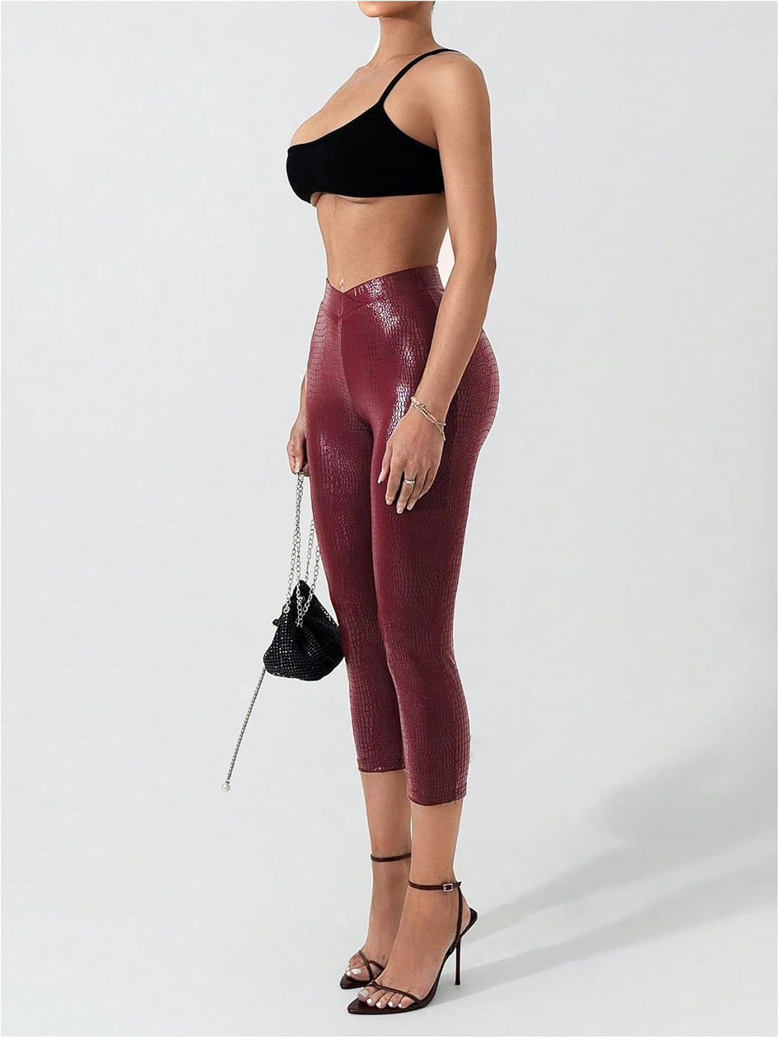 image:imageWDIRARA Womens Faux Leather Leggings Skinny Capri PantsRed