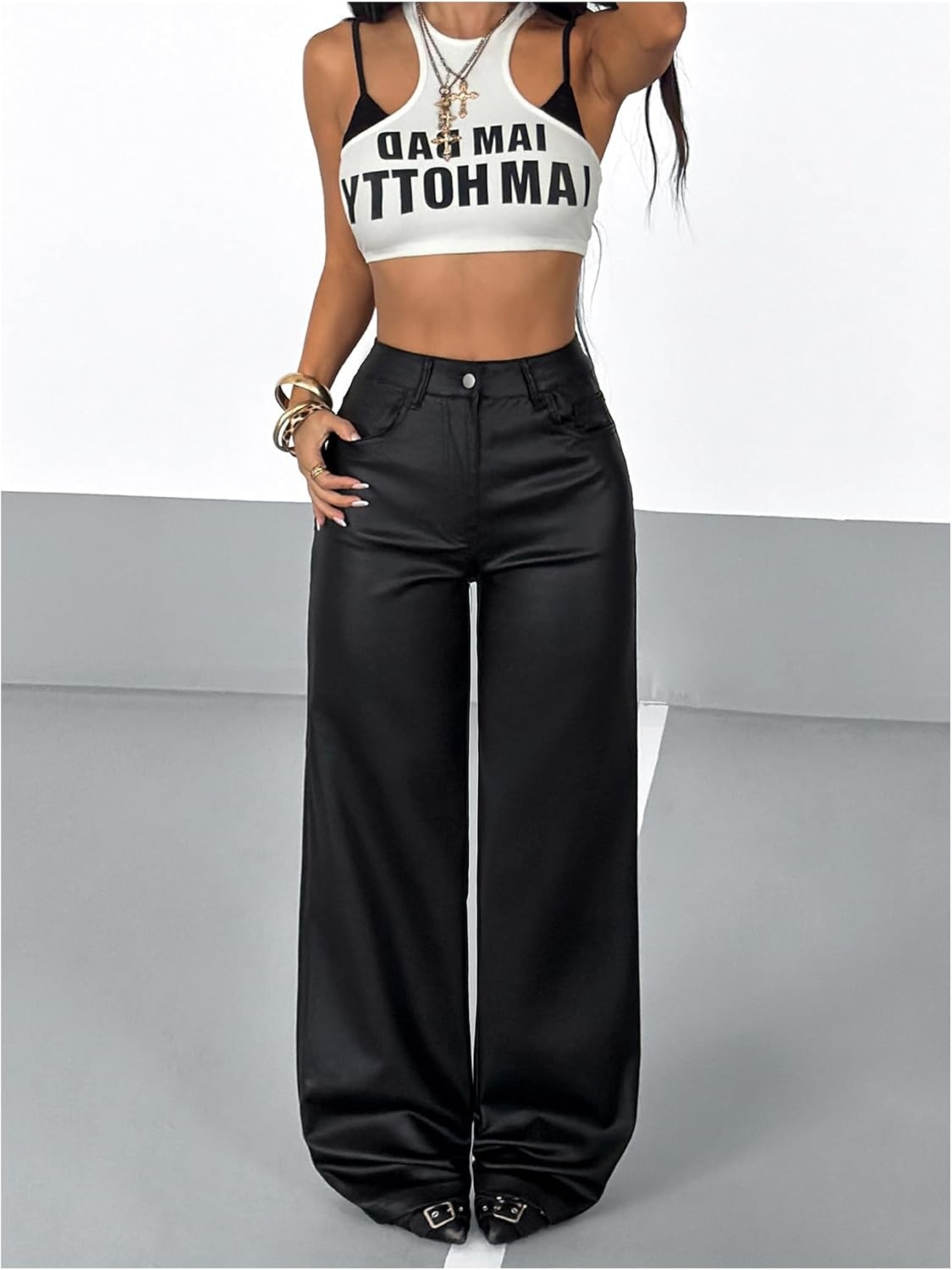 image:imageWDIRARA Womens High Waisted PU Leather Pants Punk Straight Leg TrousersBlack