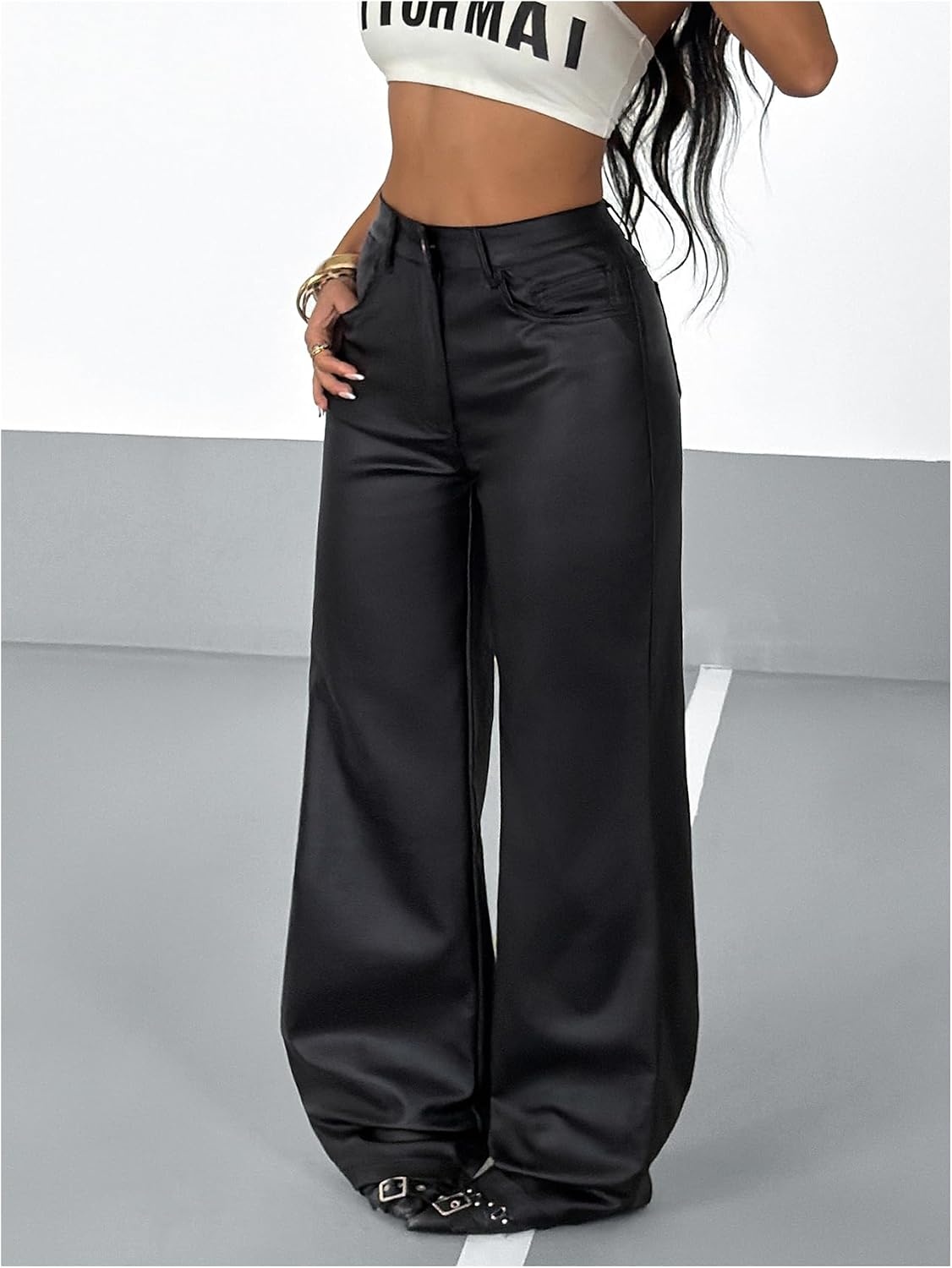 image:imageWDIRARA Womens High Waisted PU Leather Pants Punk Straight Leg TrousersBlack