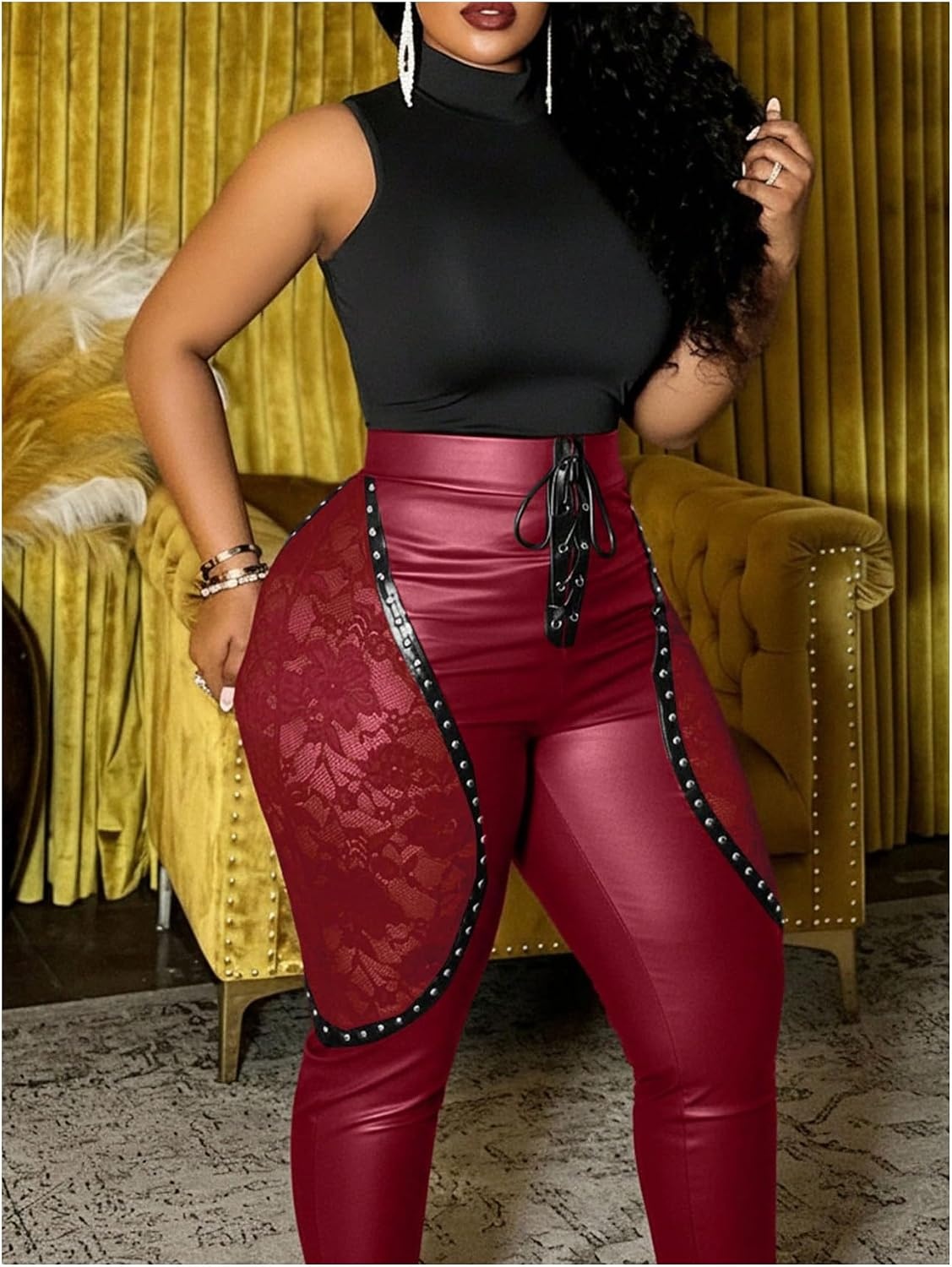 image:imageWDIRARA Womens Plus Size Lace Faux Leather Leggings Goth Punk Rivet Lace Up Skinny PantsBurgundy