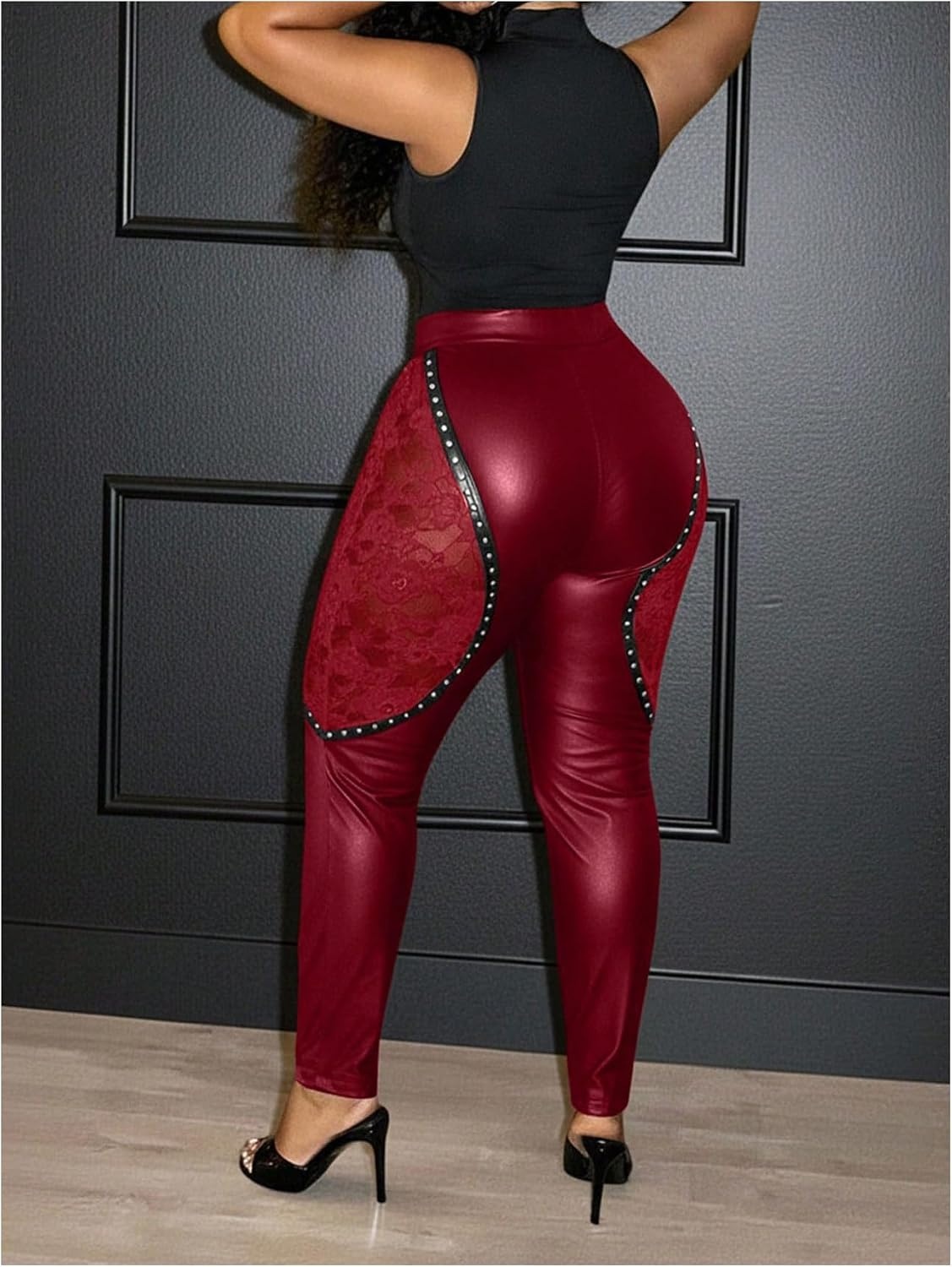 image:imageWDIRARA Womens Plus Size Lace Faux Leather Leggings Goth Punk Rivet Lace Up Skinny PantsBurgundy