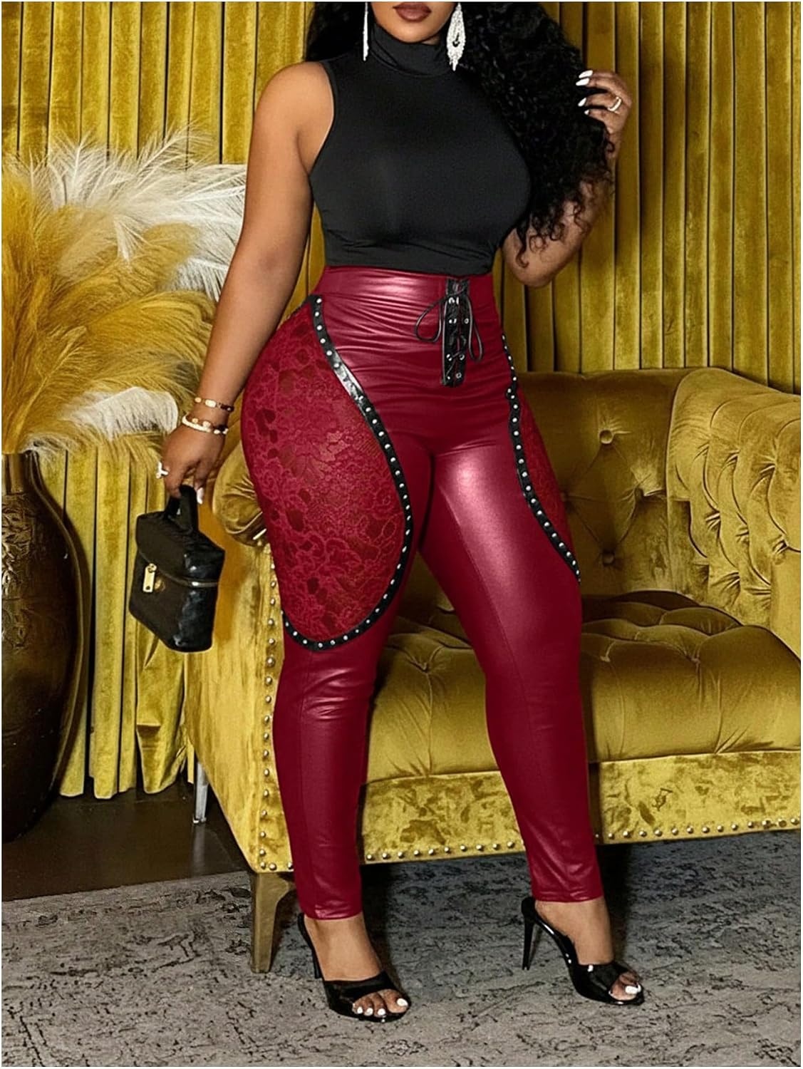 image:imageWDIRARA Womens Plus Size Lace Faux Leather Leggings Goth Punk Rivet Lace Up Skinny PantsBurgundy