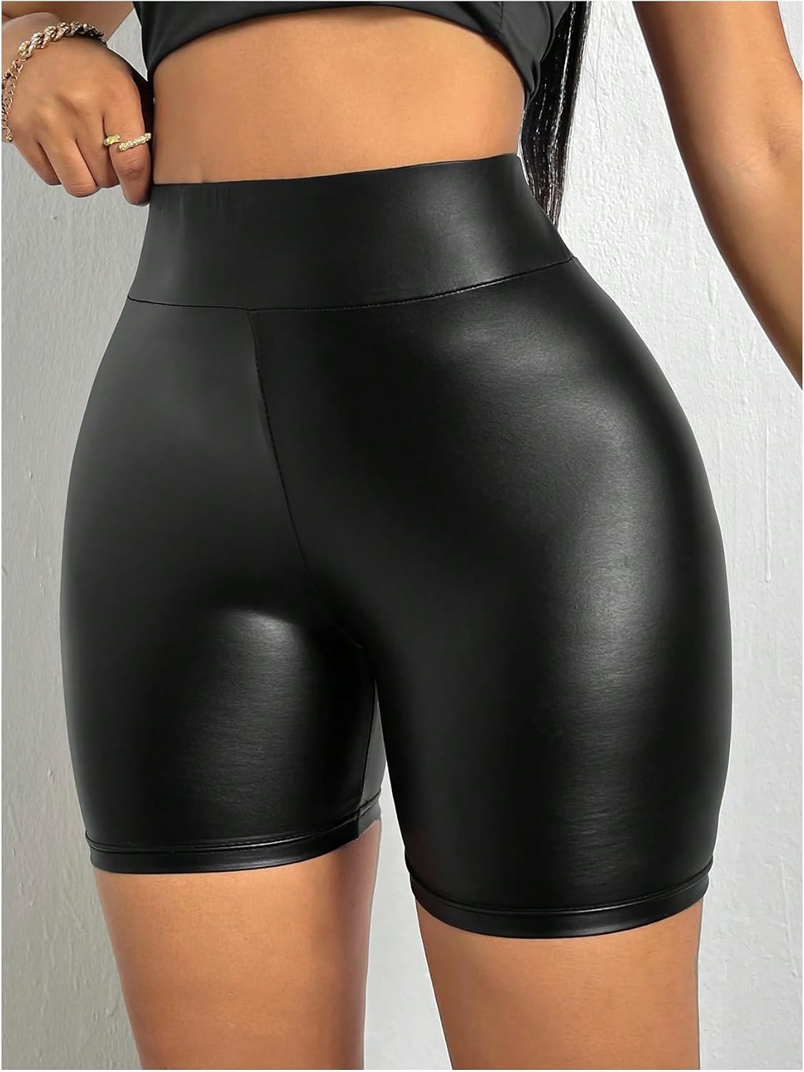image:imageWDIRARA Womens Pu Leather Leggings Tummy Control Yoga Biker ShortsBlack