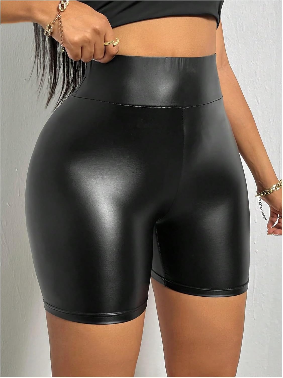 image:imageWDIRARA Womens Pu Leather Leggings Tummy Control Yoga Biker ShortsBlack
