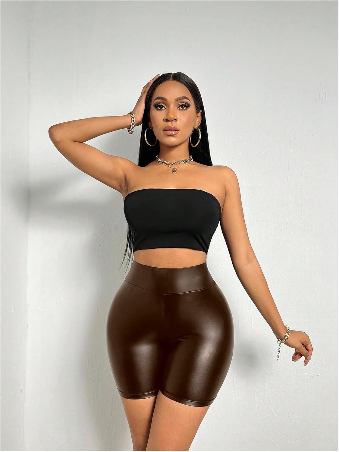 image:imageWDIRARA Womens Pu Leather Leggings Tummy Control Yoga Biker ShortsBrown