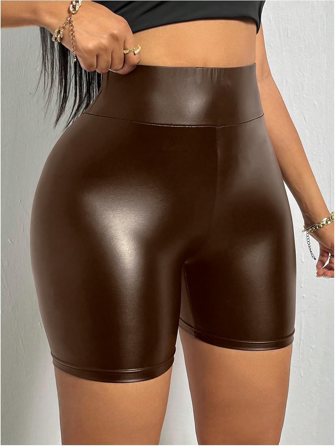image:imageWDIRARA Womens Pu Leather Leggings Tummy Control Yoga Biker ShortsBrown
