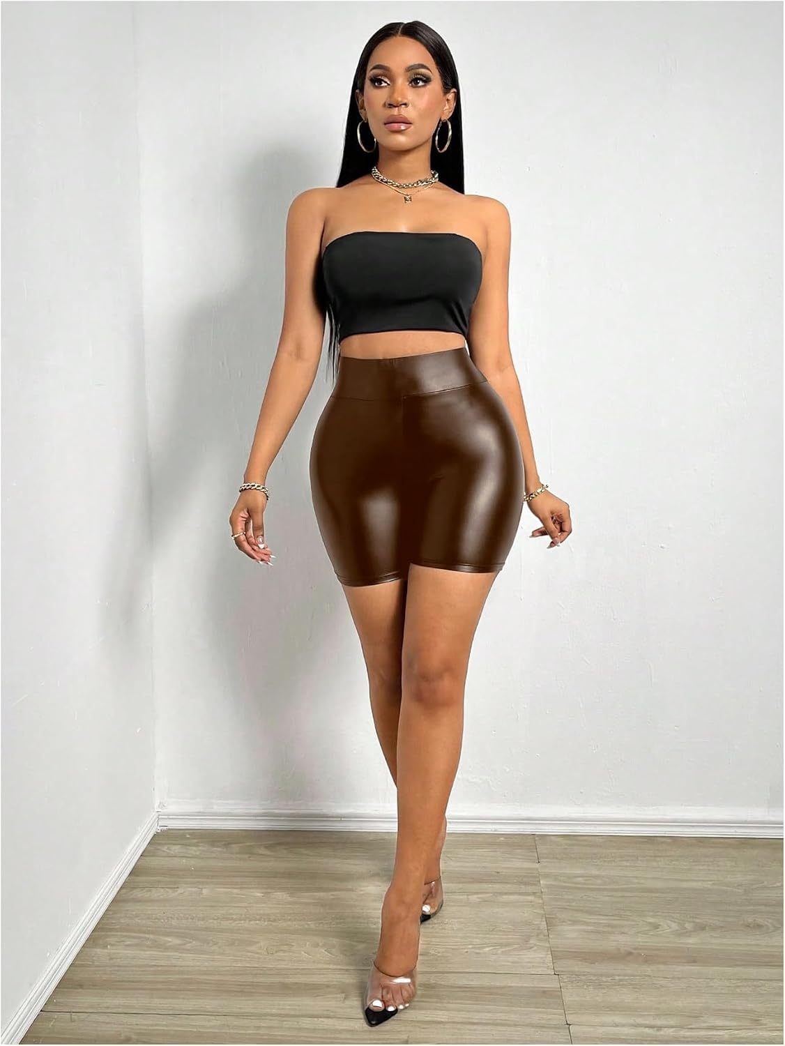 image:imageWDIRARA Womens Pu Leather Leggings Tummy Control Yoga Biker ShortsBrown