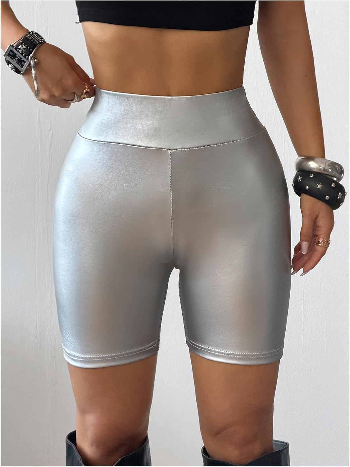 image:imageWDIRARA Womens Pu Leather Leggings Tummy Control Yoga Biker ShortsSilver