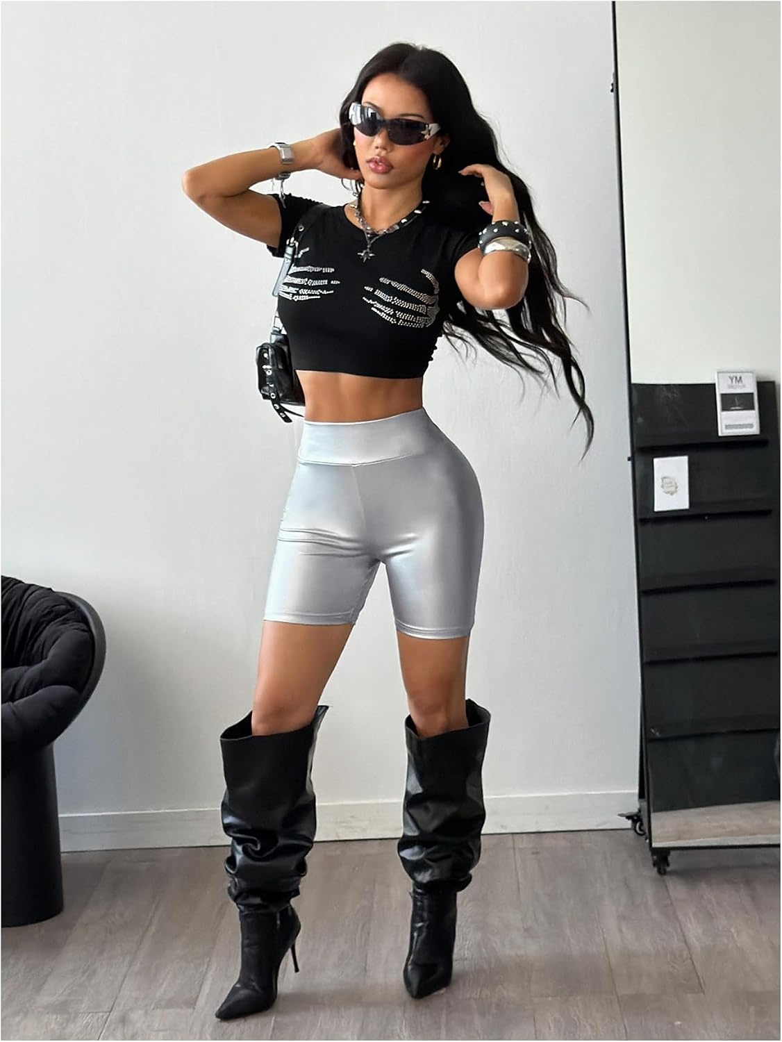 image:imageWDIRARA Womens Pu Leather Leggings Tummy Control Yoga Biker ShortsSilver