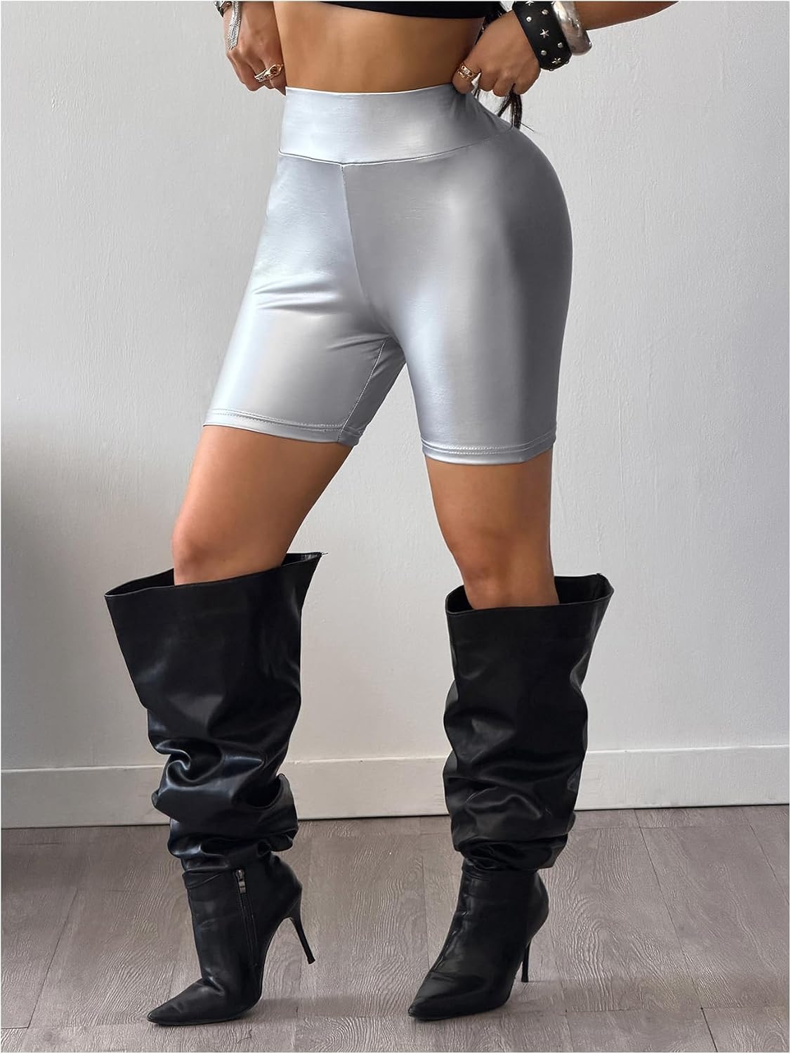 image:imageWDIRARA Womens Pu Leather Leggings Tummy Control Yoga Biker ShortsSilver