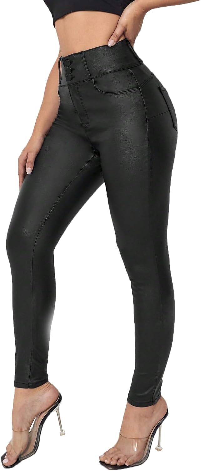 image:imageWomen Faux Leather Stretchy Pants Skinny Leggings High Waisted Faux Leather Legging PantsBlack