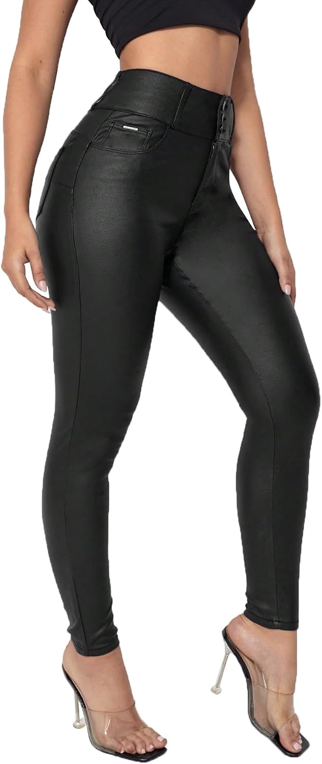 image:imageWomen Faux Leather Stretchy Pants Skinny Leggings High Waisted Faux Leather Legging PantsBlack