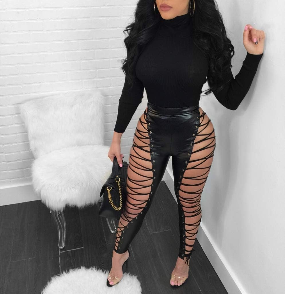 image:imageWomen Sexy High Waist Lace Up PU Leather Leggings Skinny Pants ClubwearBlack