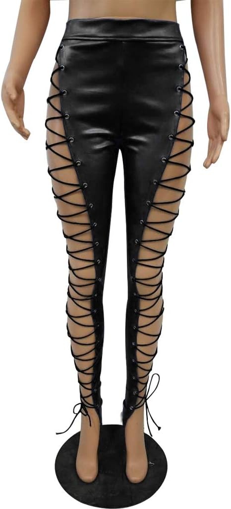 image:imageWomen Sexy High Waist Lace Up PU Leather Leggings Skinny Pants ClubwearBlack
