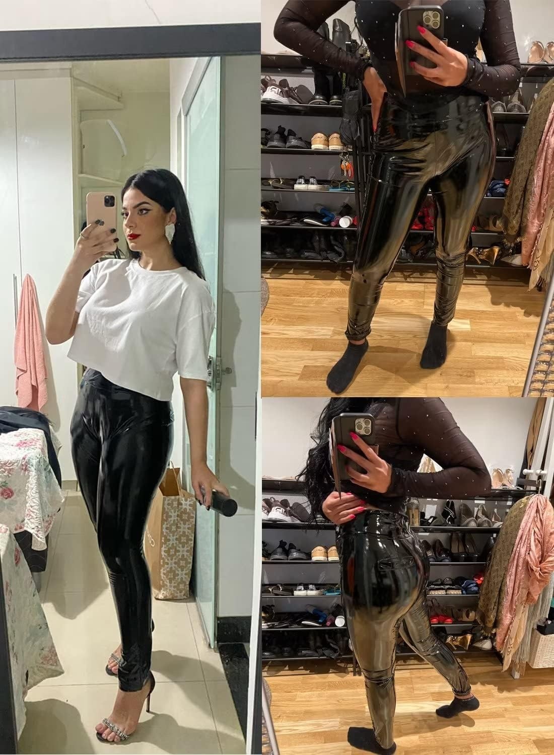 image:imageWomen Shiny PU Latex Leather PVC Pants Slim Sexy Leggings Stretchy High Waist Bodycon Tight TrousersW1239black