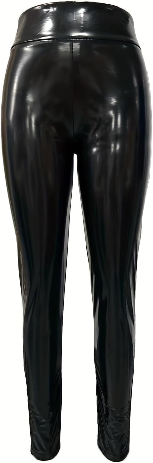 image:imageWomens High Waist Patent Leather Leggings Shiny Wet Look Pants with Back Zipper Stretchy Fitted Club Dance WearBlack