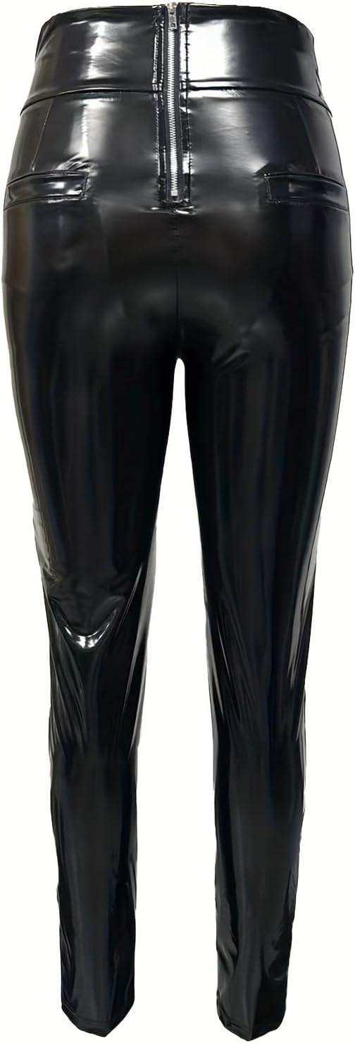 image:imageWomens High Waist Patent Leather Leggings Shiny Wet Look Pants with Back Zipper Stretchy Fitted Club Dance WearBlack