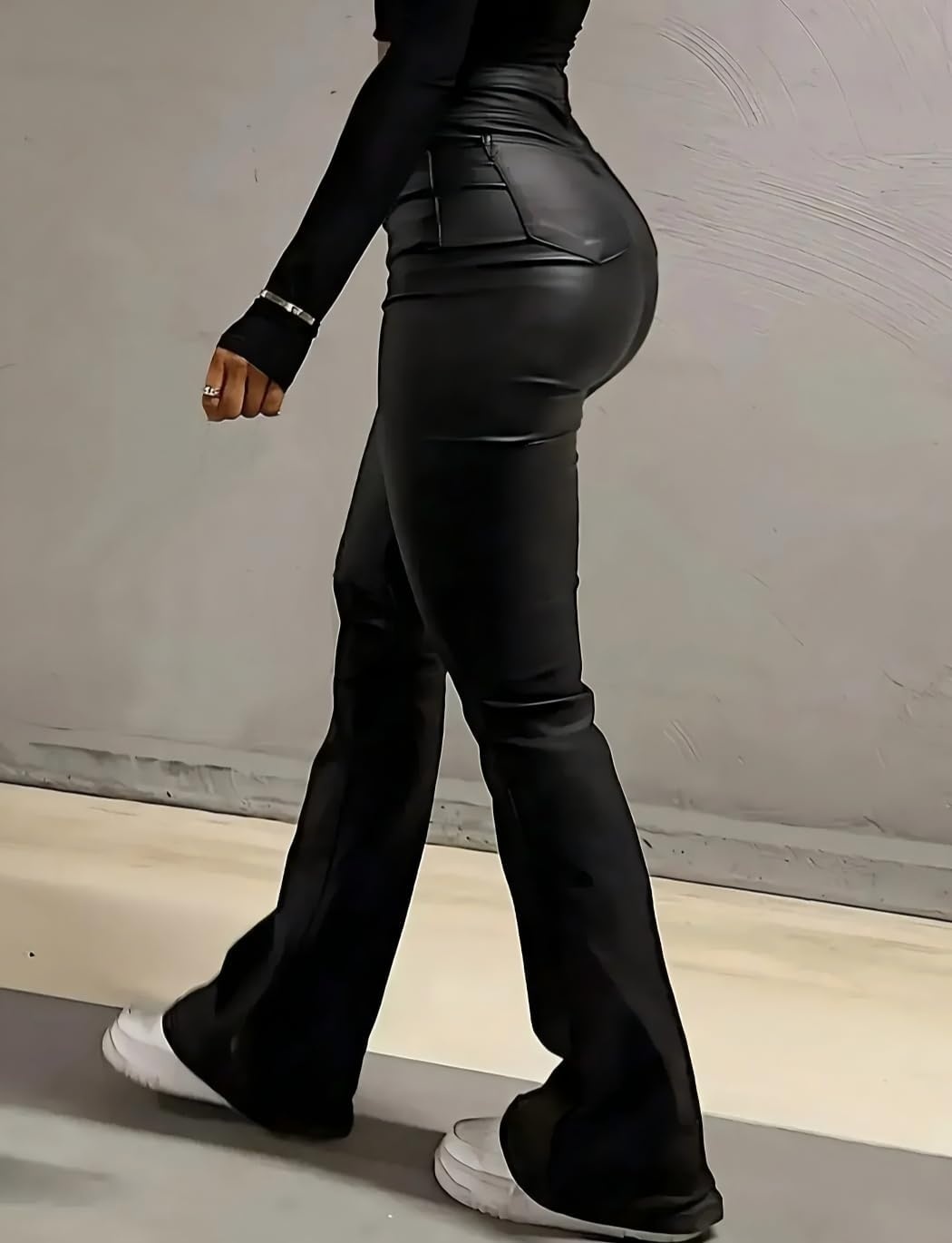 image:imageZebaexf Faux Leather Flare Pants Bell Bottom Pants Sexy Legging for WomenHigh Waist Black