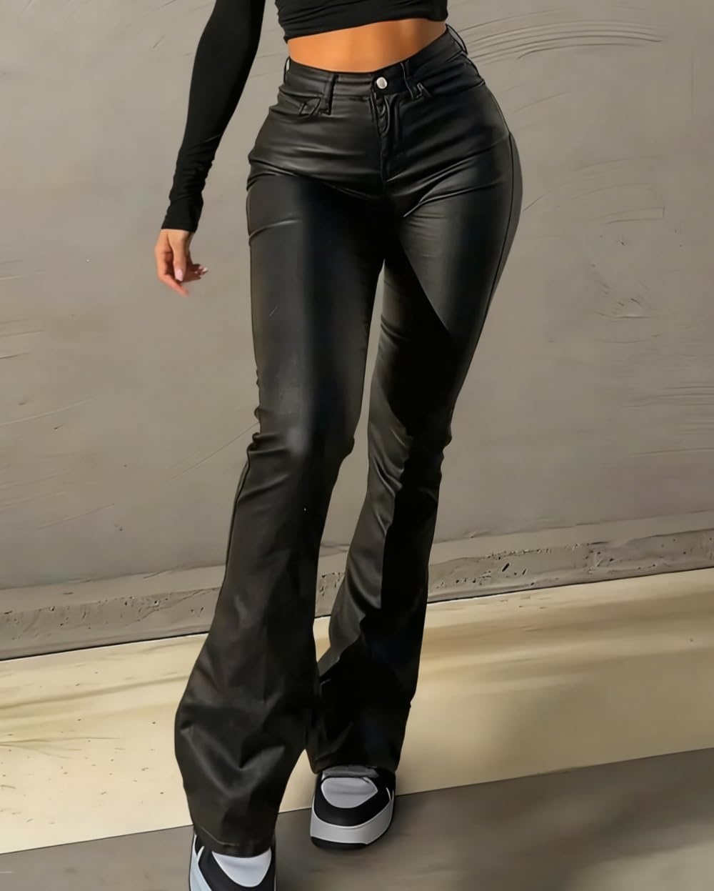 image:imageZebaexf Faux Leather Flare Pants Bell Bottom Pants Sexy Legging for WomenHigh Waist Black
